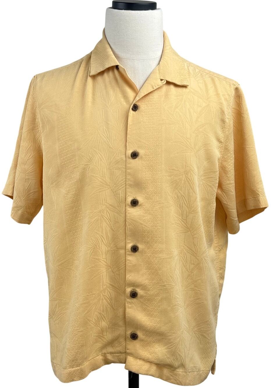 Vintage 90s Caribbean Men's Med Cream Yellow Jacquard Camp Shirt Coconut Buttons